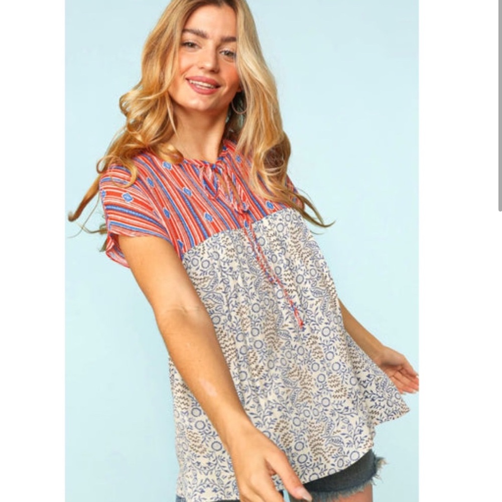 Haptics Red White Blue Patterned Boho Top
